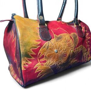 👜 Y2K Western Floral Tooled Leather Bag – Bold Embossed Cowgirl Graphic
